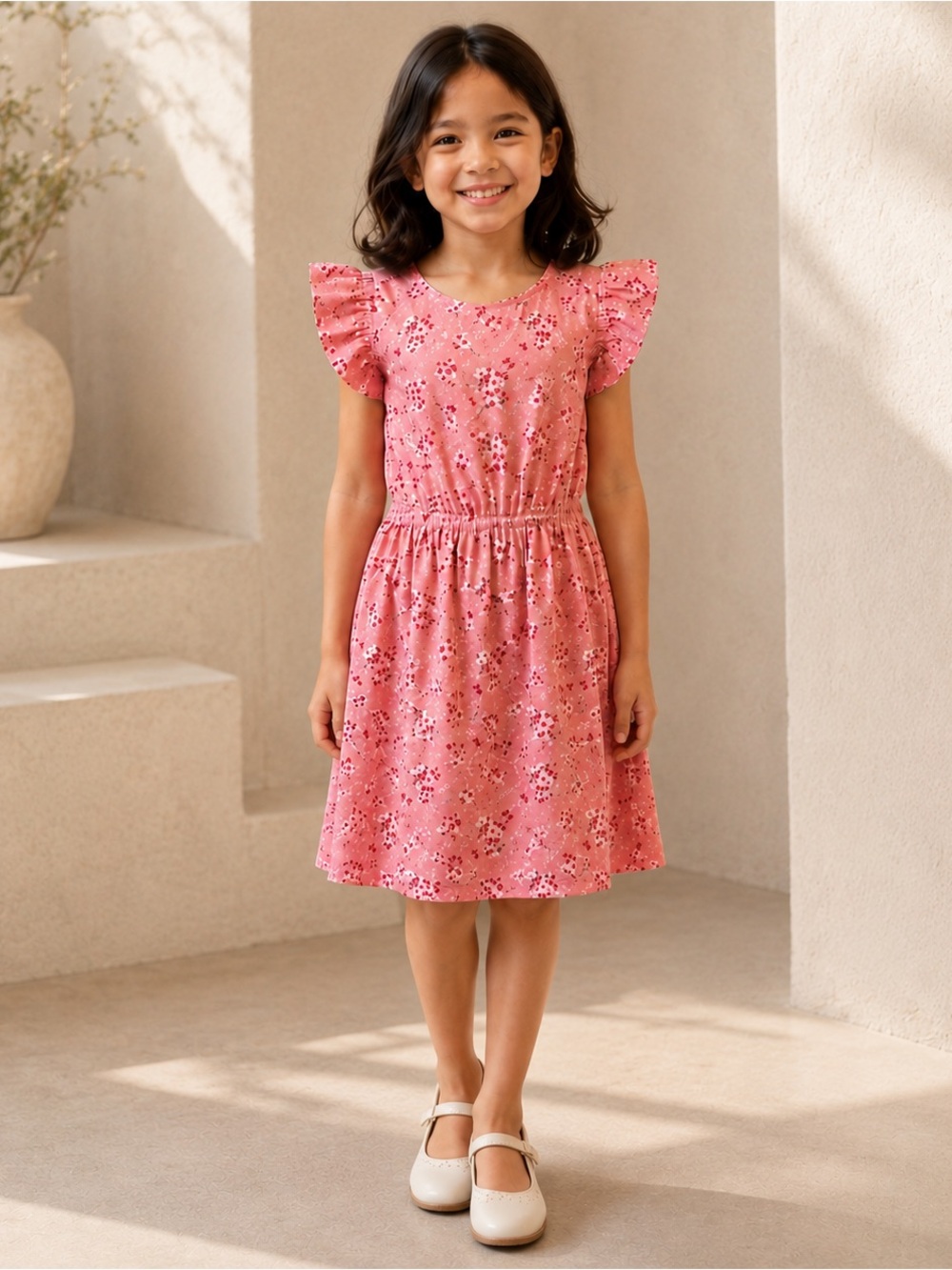 Pink Floral Ruffle-Sleeve Casual Dress ~ size 5